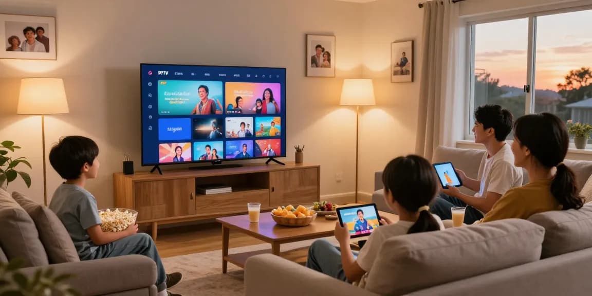 Família assistindo IPTV na sala de estar, com TV grande mostrando conteúdo vibrante.
