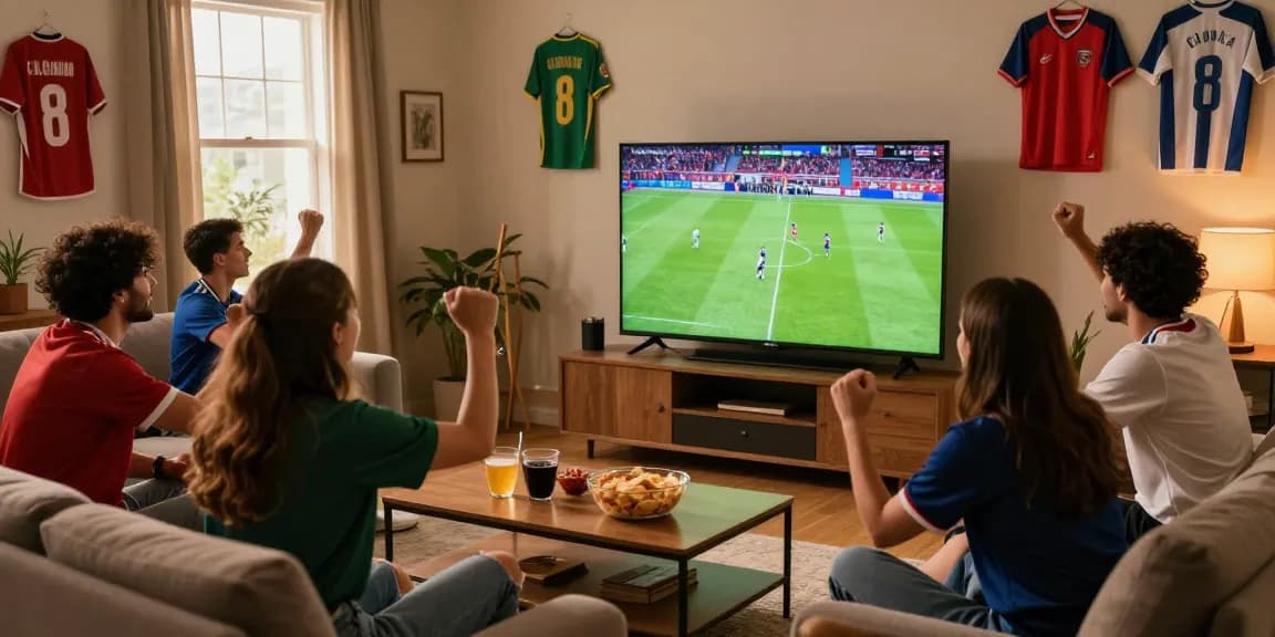 Excited fans watching multicanais football streaming on a Smart TV in a cozy living room.