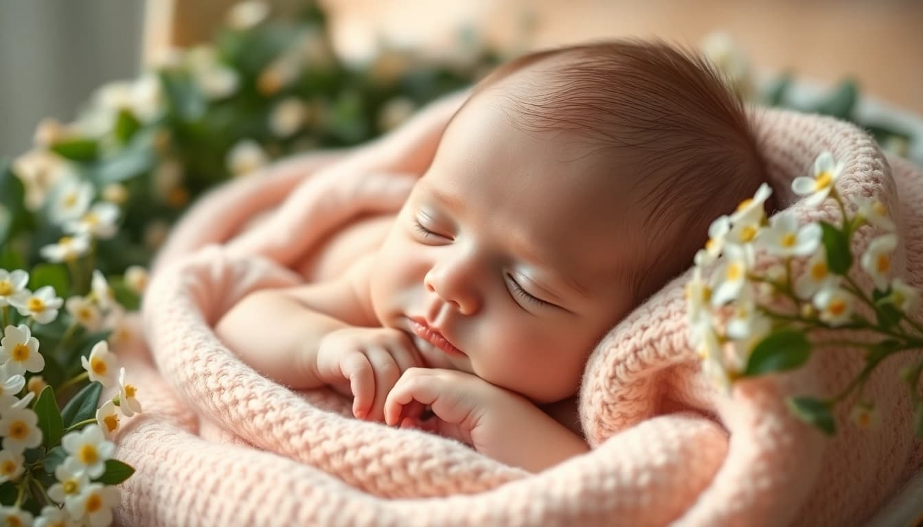 Captivating Babyfotografie of a serene newborn on a pastel blanket surrounded by flowers.