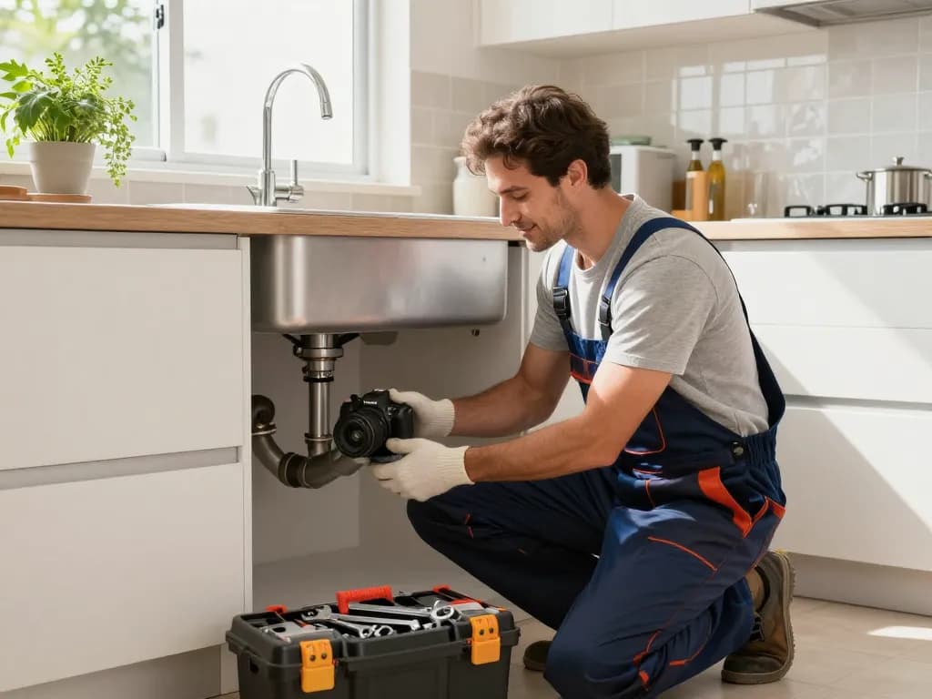 Professional plumber in São Paulo fixing kitchen pipes, showcasing Encanador em São Paulo services with advanced tools in a modern home setting.