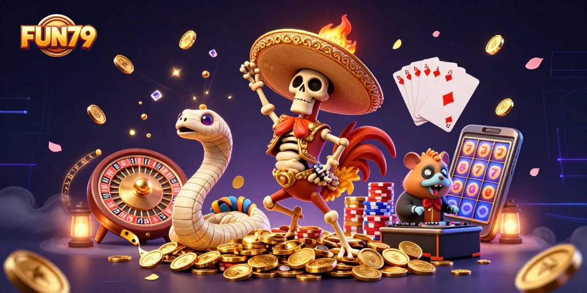 FUN79 celebrates gaming wins with vibrant 3D characters in a lively casino scene