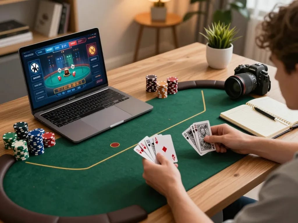 Player enjoying online poker at home with 99ok on their laptop, capturing strategic gameplay.