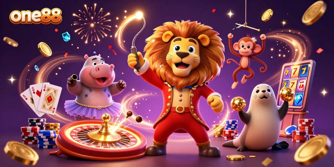 one88 brings excitement with a lion ringmaster, hippo, monkey, and seal in a casino scene