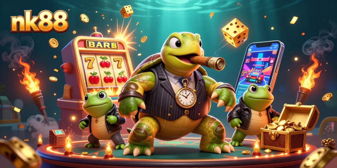 Experience thrilling jackpots with nk88 in this dynamic casino scene featuring a snapping turtle and bullfrog enforcers.