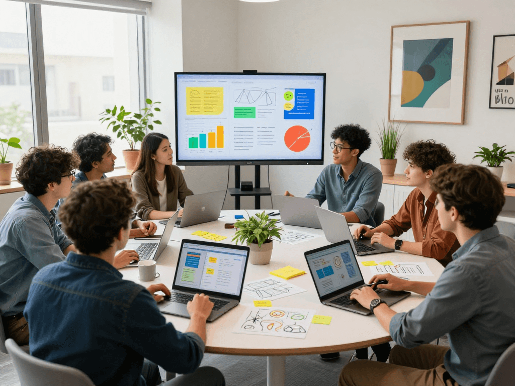 Estratégia de marketing multicanais com equipe diversificada em escritório criativo.