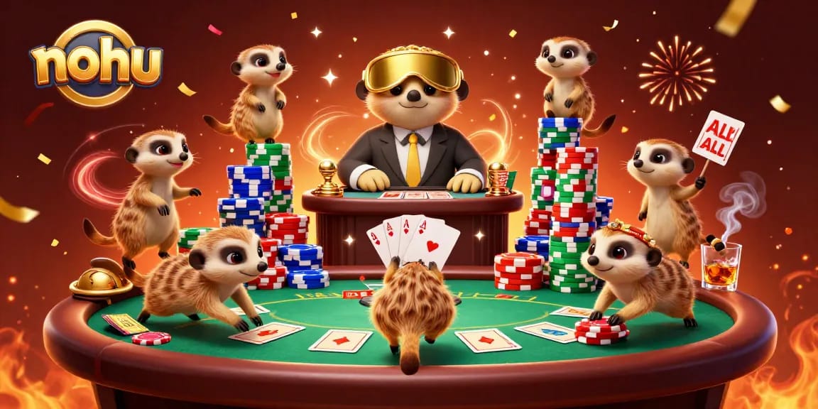 Nohu's meerkat casino strikes with card action and colorful chips amidst a lively backdrop.