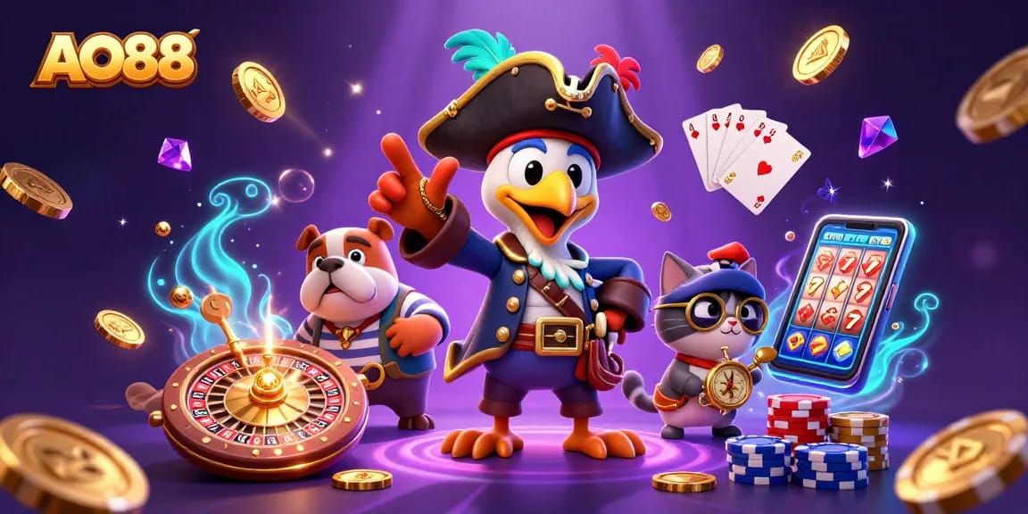 Experience excitement at AO88 with a lively scene of playful pirate characters and casino fun.