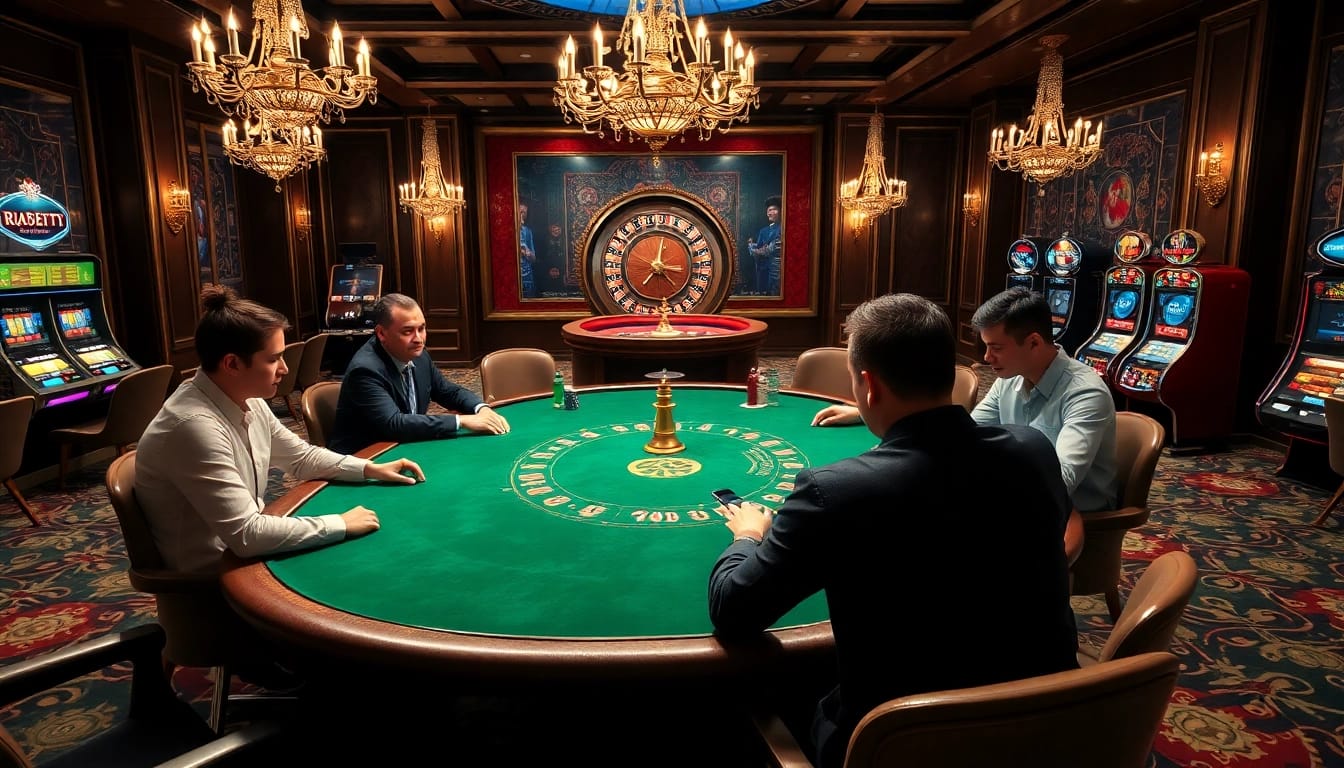 Exciting gaming atmosphere at trang chủ thabet with players engaged in poker and roulette.