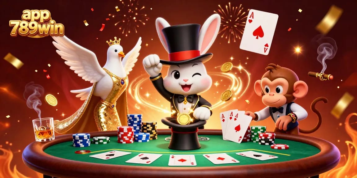 Experience winning moments with app 789win, as the magician rabbit conjures coins at a vibrant casino.