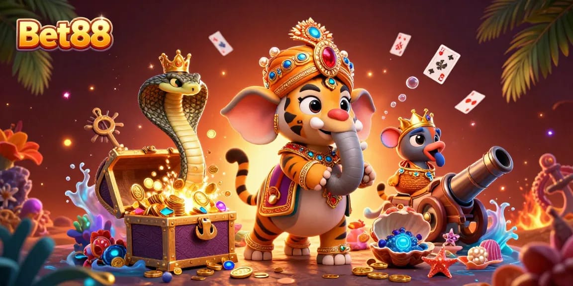 Bet88 engages players with thrilling action, featuring a maharaja tiger, elephant, and treasures.