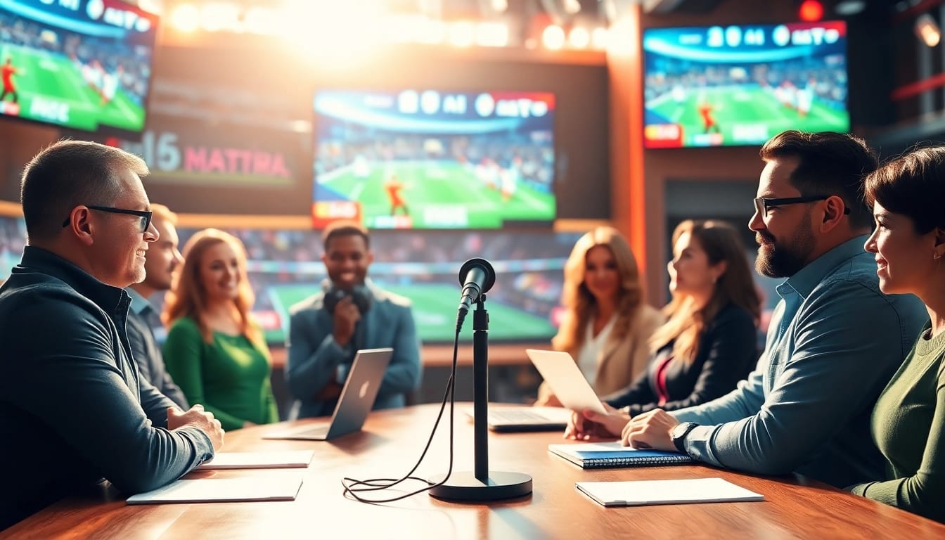 Engaging sports broadcasting scene showcasing anchors and vibrant screens, highlighting Sports Broadcasting.
