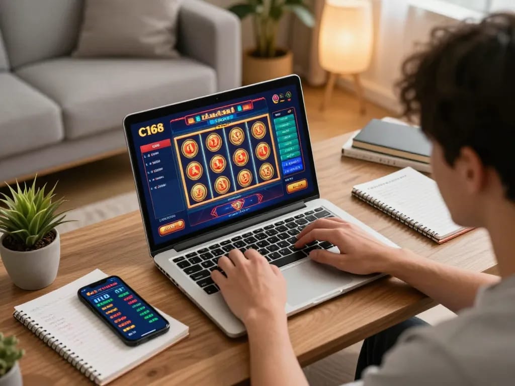 C168 player strategizing online casino games at home using laptop and smartphone.