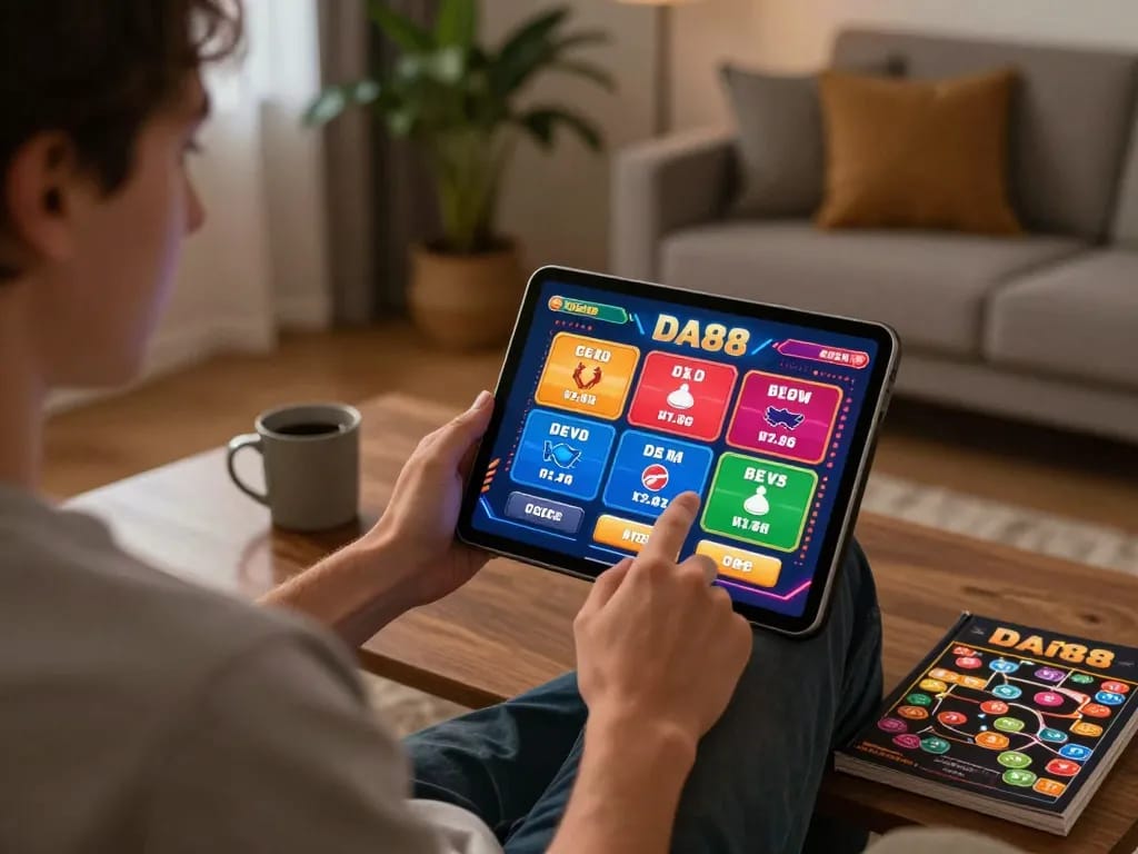 Engaging in DA88 online gaming on a tablet, featuring a cozy home environment with strategy notes