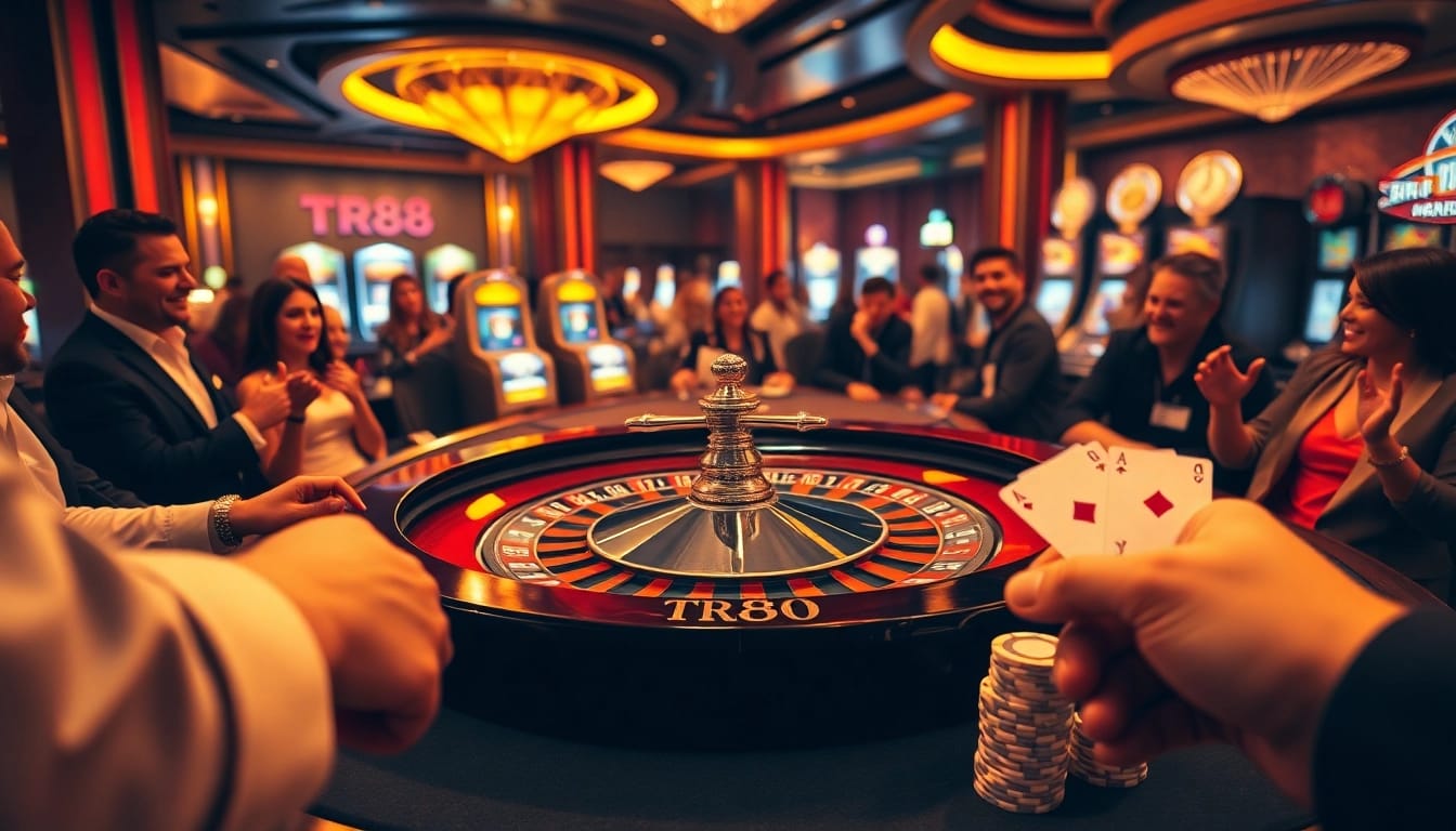 Excited gamblers place wagers at the luxurious TR88 roulette table in a vibrant casino.
