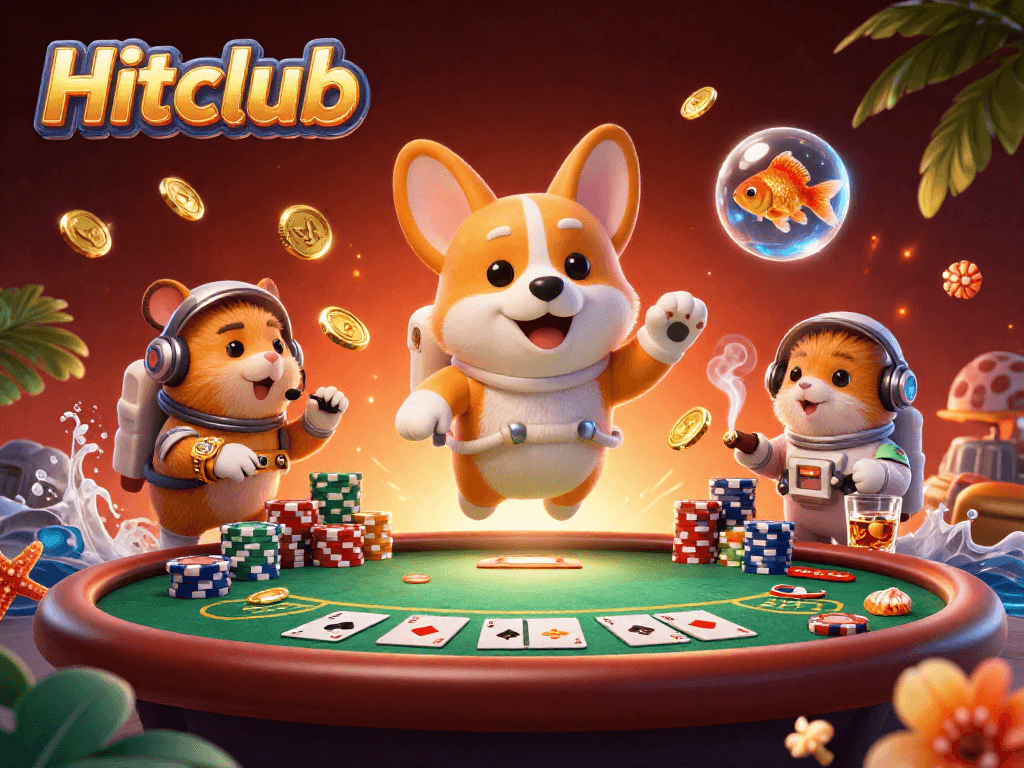 Hitclub showcases a vibrant casino scene with a floating astronaut corgi and poker elements.