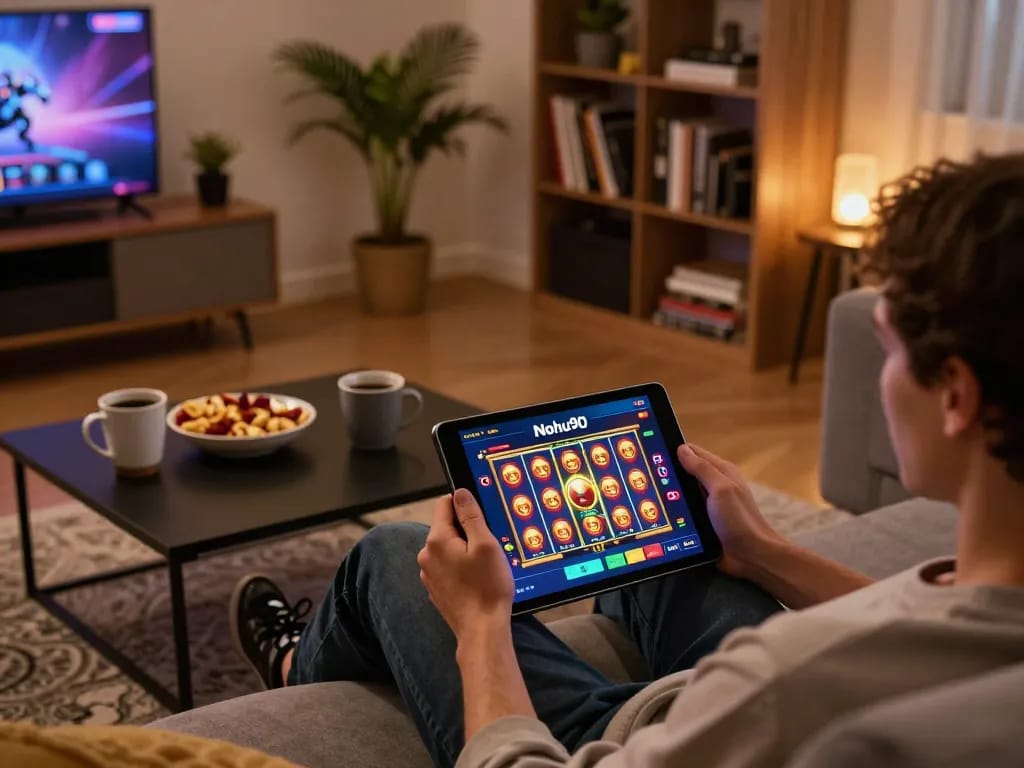 Nohu90 user engaged in online slot gaming on tablet in cozy home setup