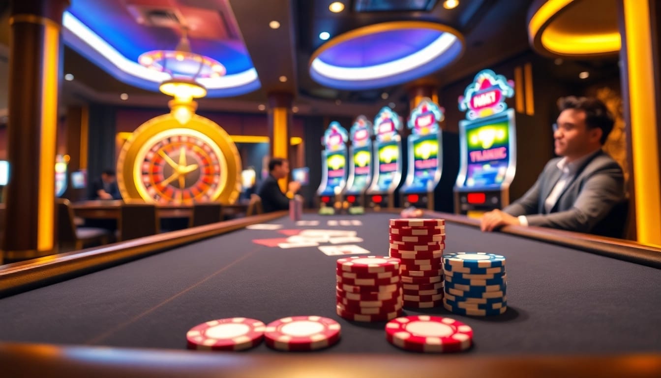 Thrilling F88BET gambling scene with luxurious poker table, chips, and roulette wheel.