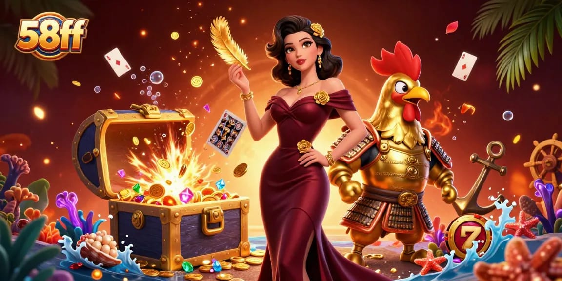 Experience casino excitement with 58ff's glamorous illustration, showcasing vibrant gaming elements and engaging characters.