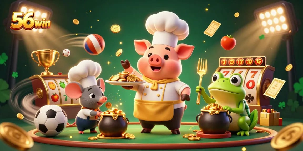 Experience the thrill of 56win as a cartoon chef pig serves gold coins surrounded by vibrant gaming elements.