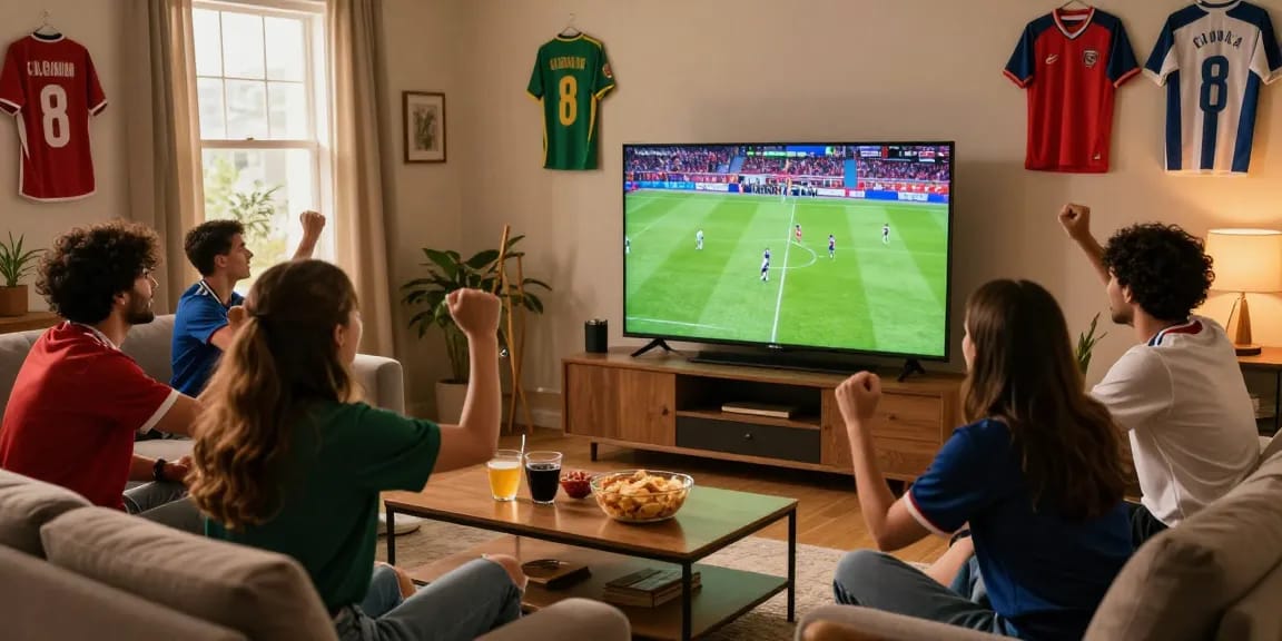 Excited fans watching multicanais football streaming on a Smart TV in a cozy living room.