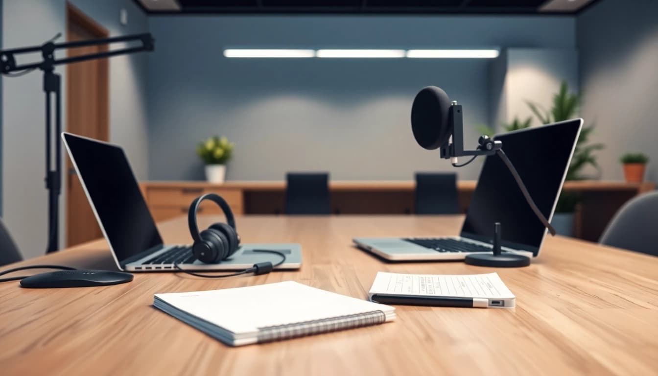 Capture a productive office scene highlighting call recording equipment on a sleek desk.