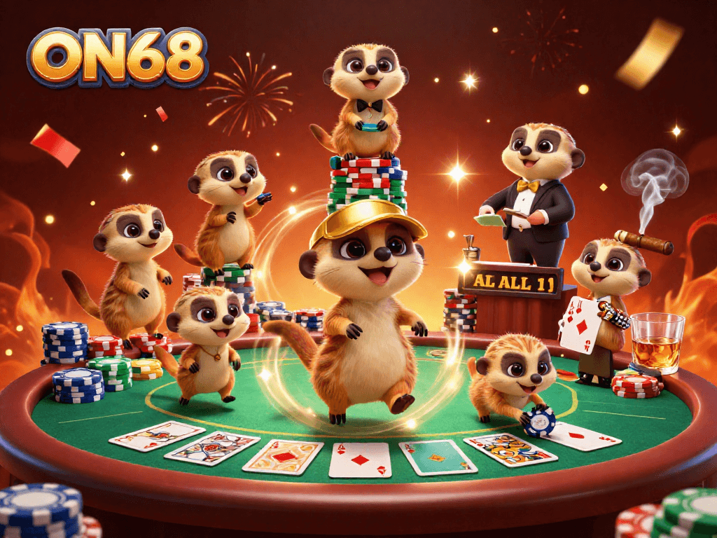 ON68 meerkat casino scene with colorful poker chips and card dealers at work.