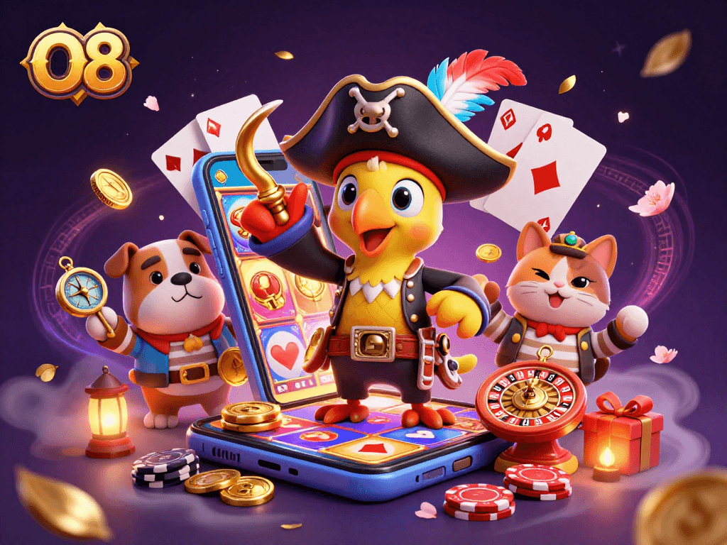 Engage with O8's festive slot adventure featuring a pirate captain's antics amid spinning reels.
