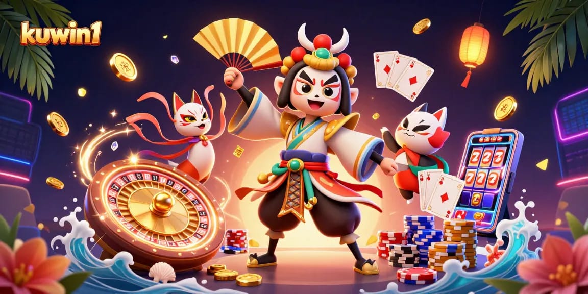 Kuwin1 gamifies excitement with a dynamic scene featuring kabuki warrior and kitsune mask.