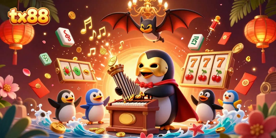 Experience the thrill of tx88 with a festive 3D casino scene featuring a phantom opera penguin and slot game elements.