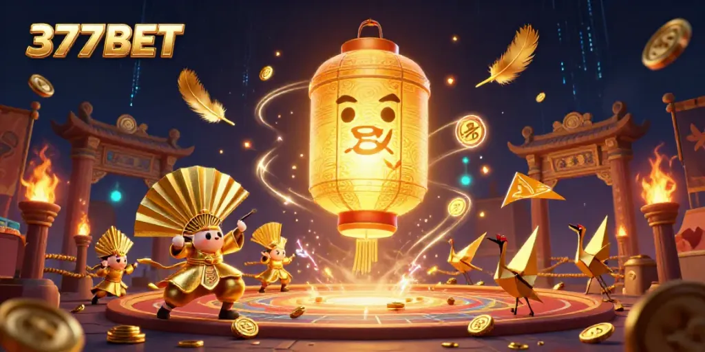 Experience the vibrant world of 377BET with a dynamic 3D casino illustration featuring lucky symbols and golden rewards.