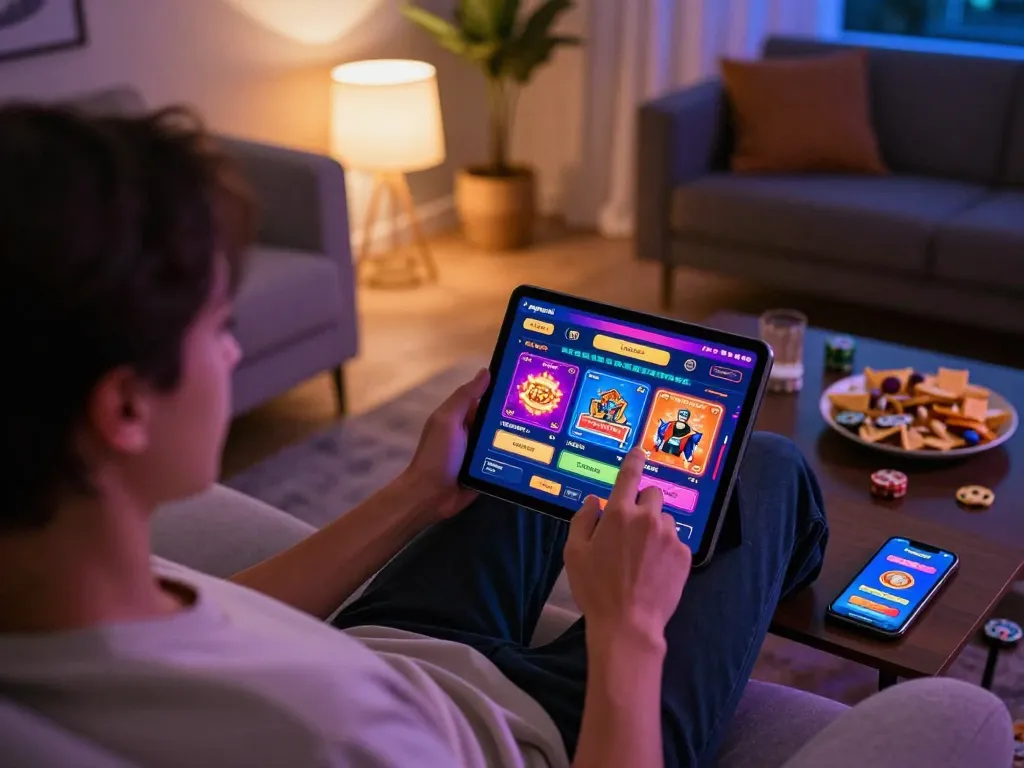 Engaging online gaming session on Jogoluck platform with player immersed in tablet experience