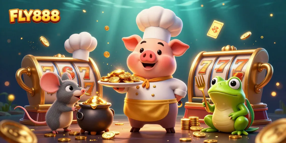 FLY888 showcases an engaging casino scene with characters serving gold coins amidst exciting slot game elements.