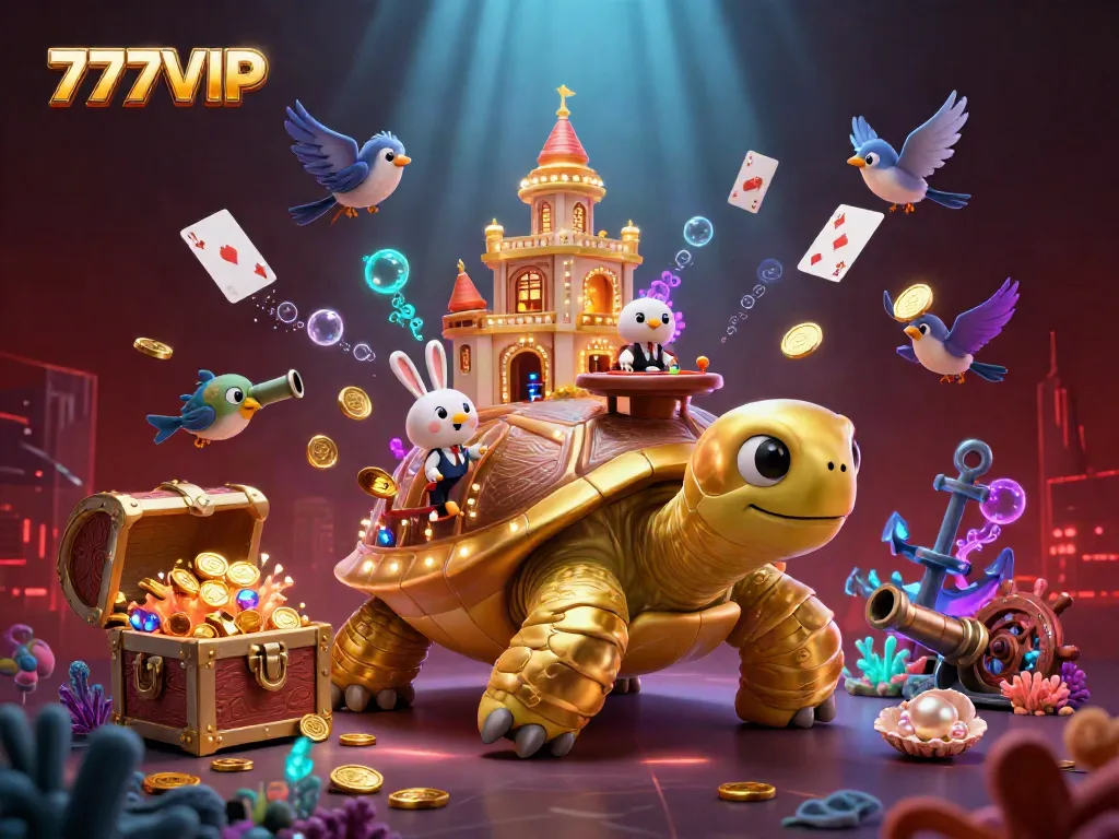 Experience the thrill of 777VIP with golden tortoise casino, a rabbit dealer, and flying coins in vibrant underwater scene.