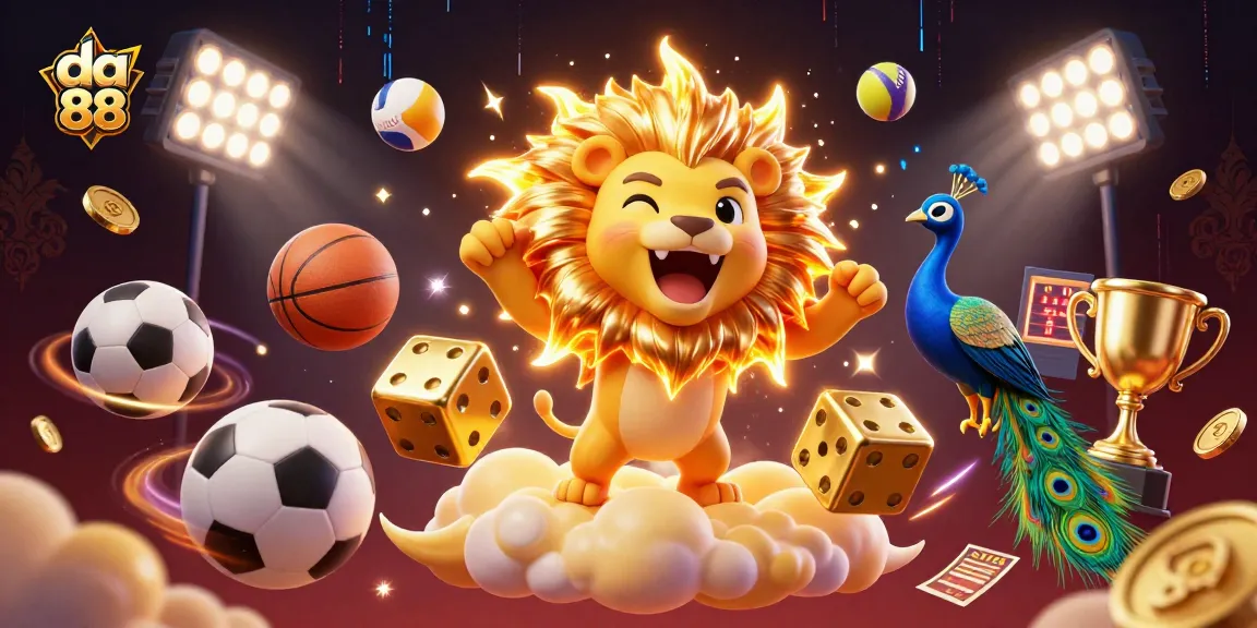 Experience the excitement of da 88 with a vibrant casino scene featuring sports elements and a dynamic lion.