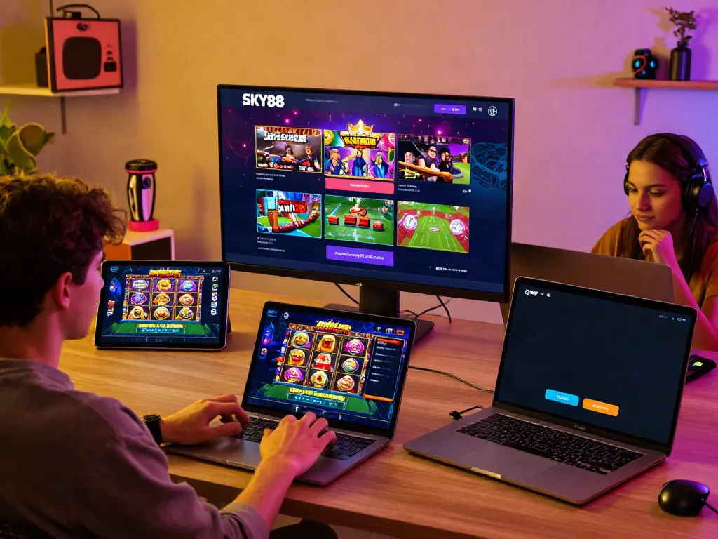 Users engaging with SKY88 on multiple devices showcasing the platform's vibrant gaming atmosphere.