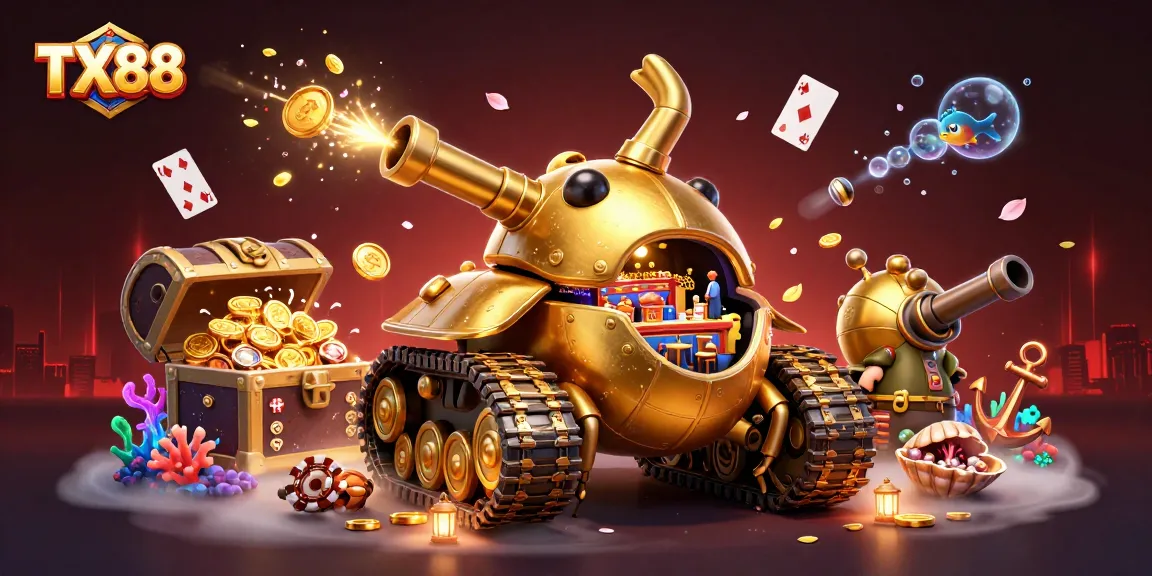 TX88 reveals a vibrant digital casino scene with a golden beetle tank amidst treasures and gaming elements.