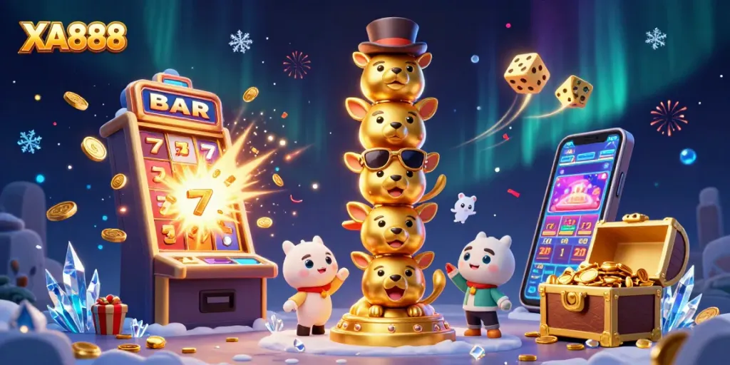 Experience winning moments at XA888 with vibrant slot machines and a lively totem pole scene!