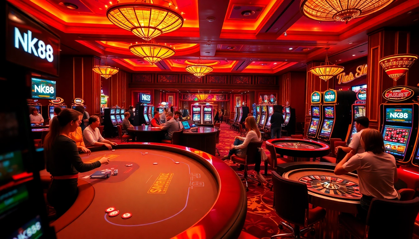 Experience the excitement of NK88 with players engaging at glamorous casino tables and slot machines.