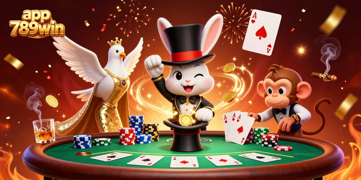 Experience winning moments with app 789win, as the magician rabbit conjures coins at a vibrant casino.