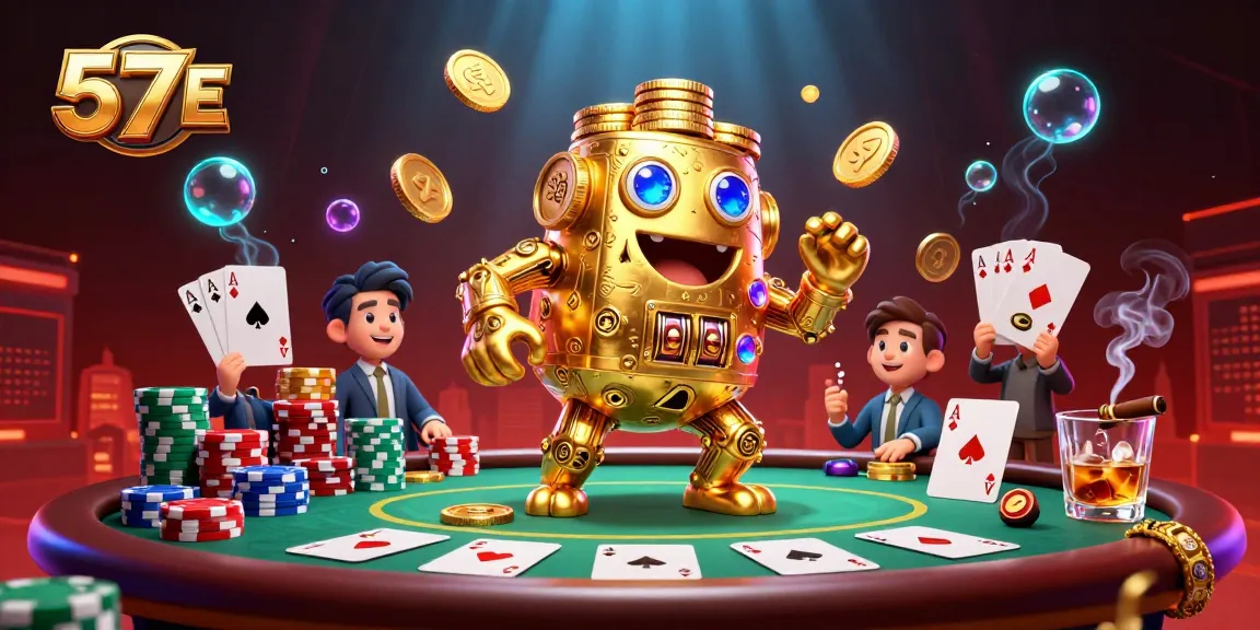 Engage in thrilling casino action with 57 E's vibrant poker scene featuring a golden golem.