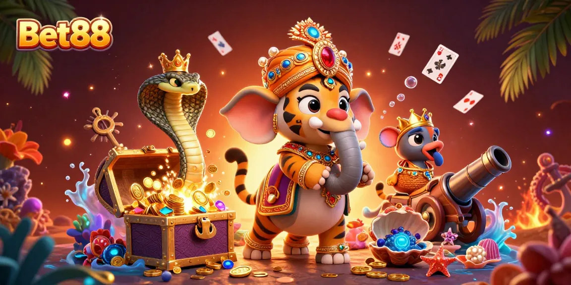Bet88 engages players with thrilling action, featuring a maharaja tiger, elephant, and treasures.