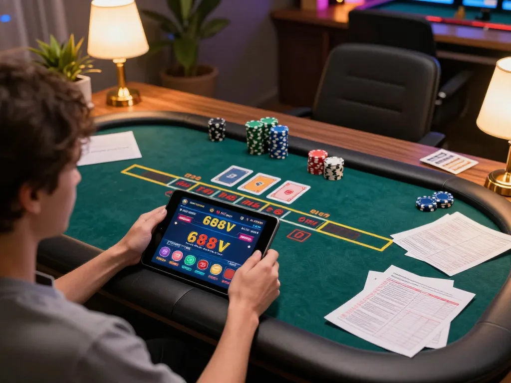 Player interacting with 688V casino interface on tablet while strategizing bankroll management in cozy home setting