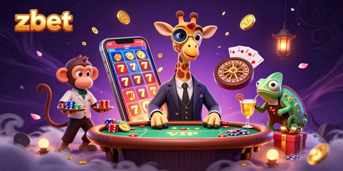 Zbet showcases a vibrant casino scene with a high-roller giraffe, monkey valet, and chameleon bartender amidst engaging slot and poker elements.