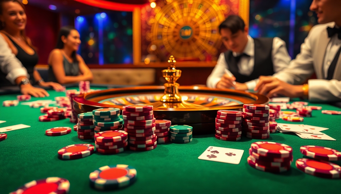 Players enjoying a thrilling game at a 399w casino table with vibrant chips and a spinning roulette wheel.