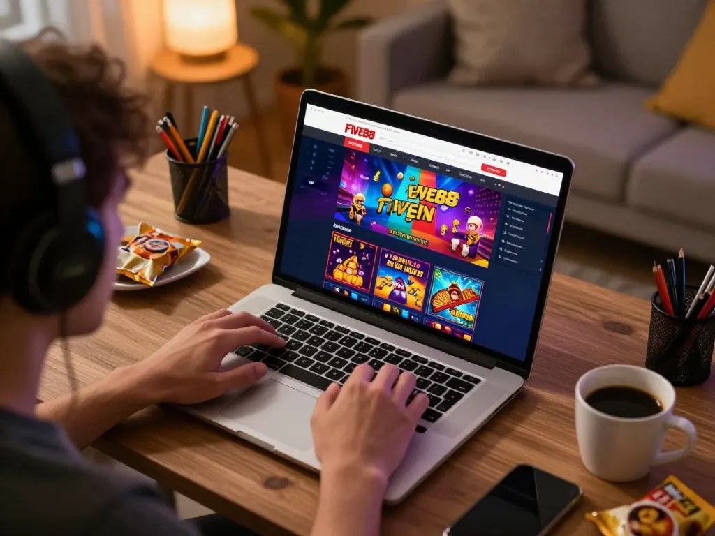 Player enjoying online gaming on FIVE88 platform in a cozy home workspace.