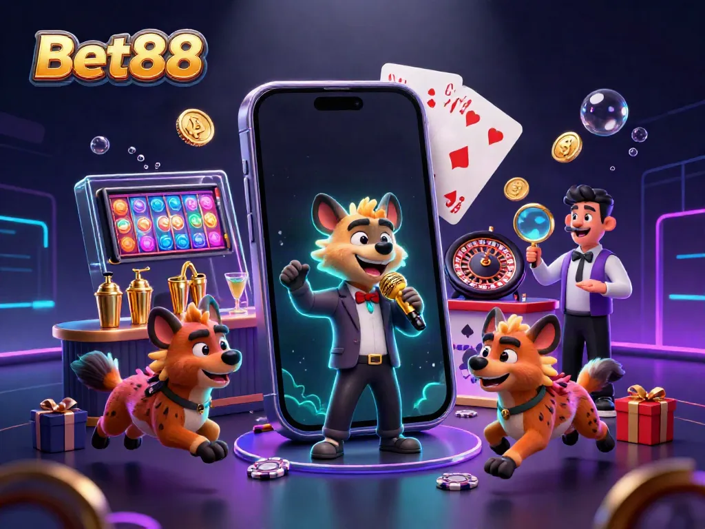 Enjoy a lively Bet88 casino scene with hyenas entertaining guests and dynamic gaming action.