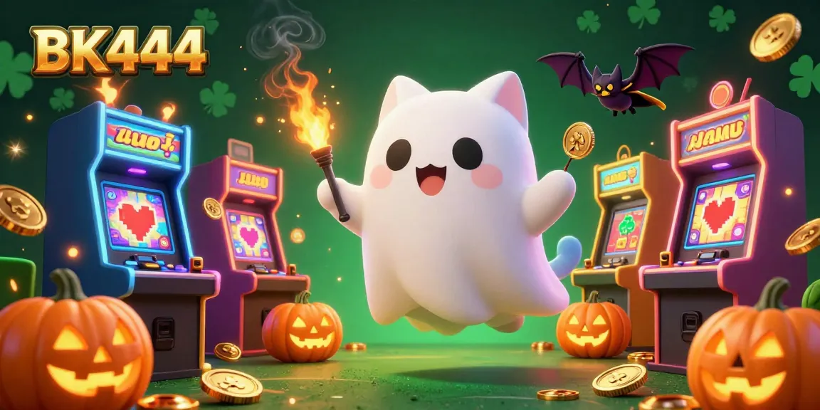 BK444's casino adventure unfolds with a ghost cat and glowing elements, promoting exciting gameplay.