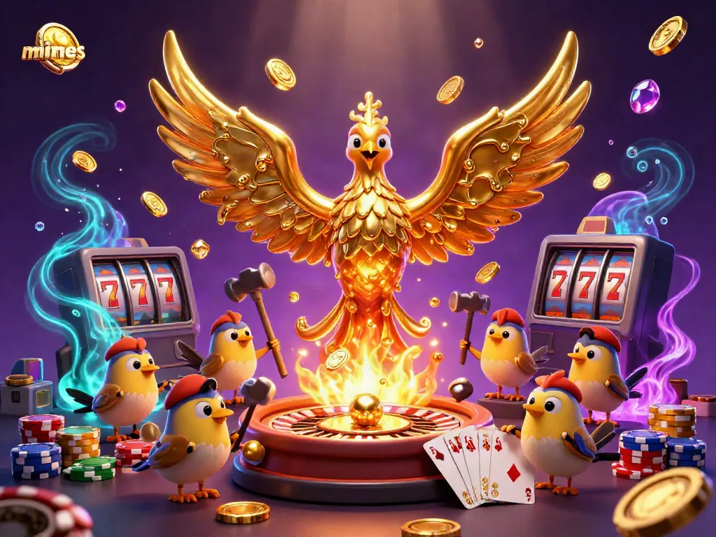 Experience the thrilling mines game with a golden phoenix and casino elements in a vibrant 3D scene.