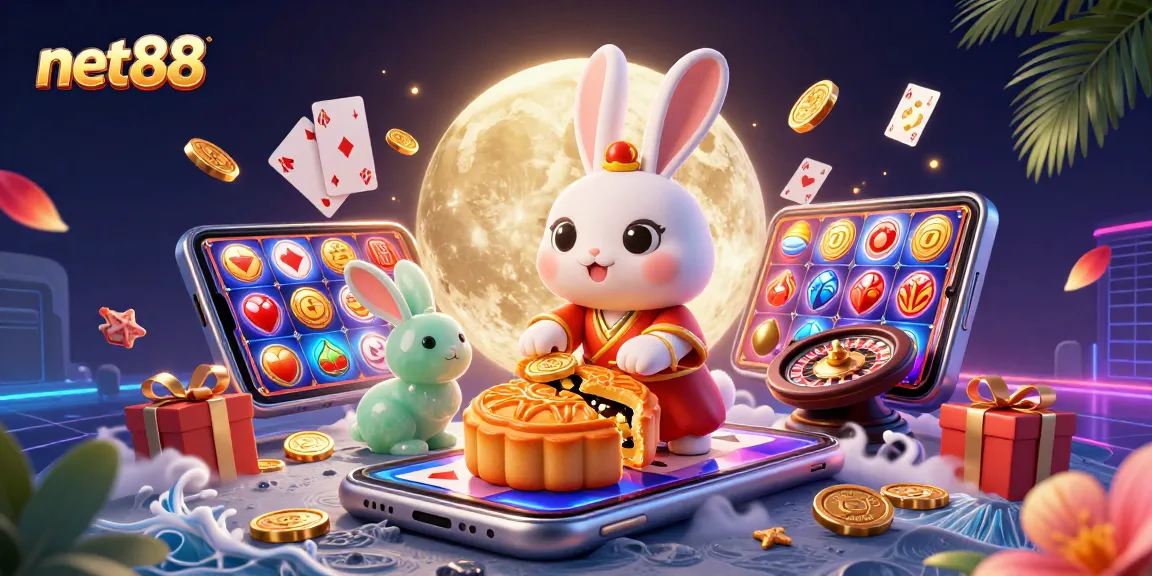 Engage in exciting games at net88 with the moon rabbit and poker chips surrounded by vibrant casino elements.