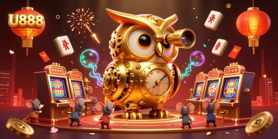 U888 online platform features a vibrant 3D scene with a golden owl and animated elements celebrating gambling.